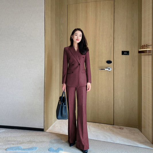 Warm Thickened Herringbone Red Suit with Boot-Cut Trousers