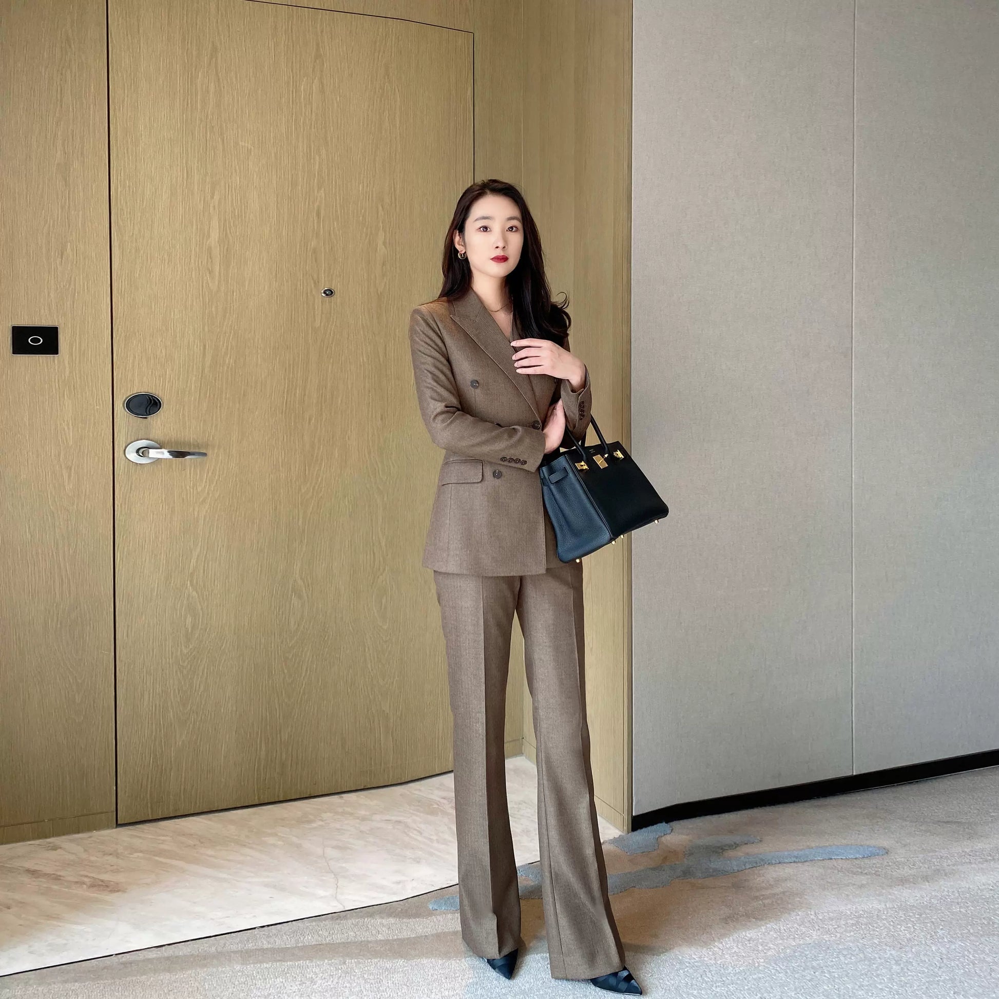 Elegant Winter Woolen Suit with Flared Trousers Classic Coffee Color