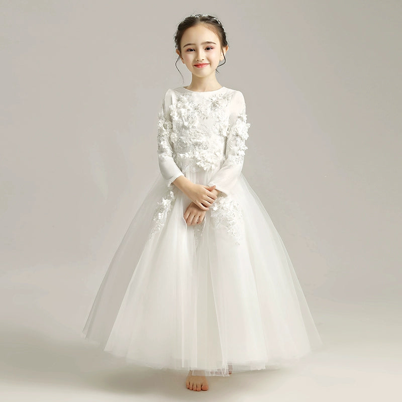 Elegant Princess Flower Girl Dress: Long-Sleeve Fleece Wedding Performance Gown