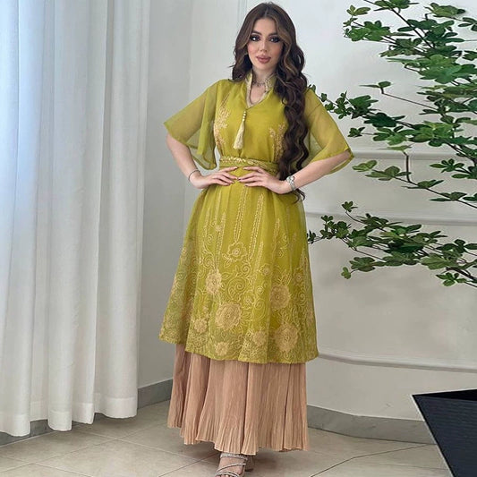 Elegant Pakistani Mesh Embroidered Chiffon Dress with Tassel Details