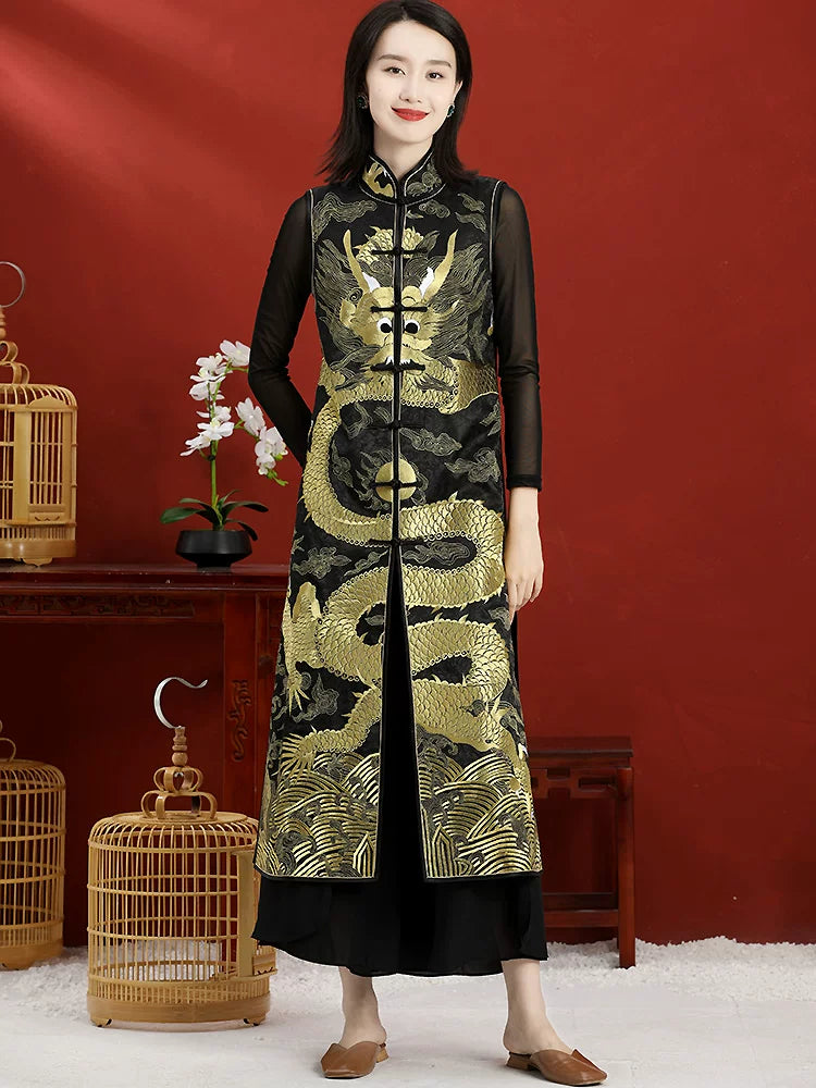 Women’s Plus‑Size Hand‑Embroidered Custom Vest Jacket With Frog Closure