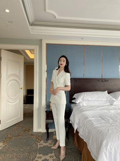 Elegant White Pearl Polyester Summer Suit Jacket with Short Sleeve