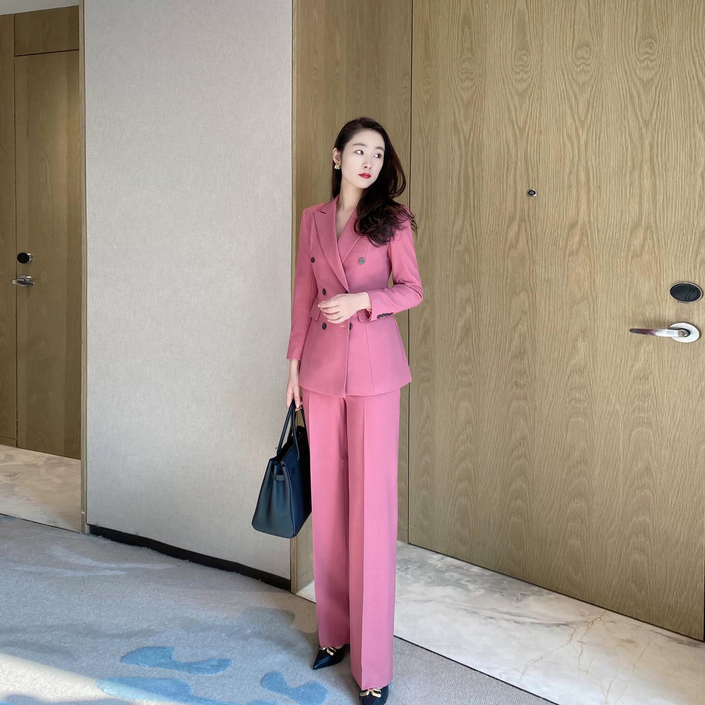Elegant Fuchsia Spring Blazer and Wide-Leg Pants Set