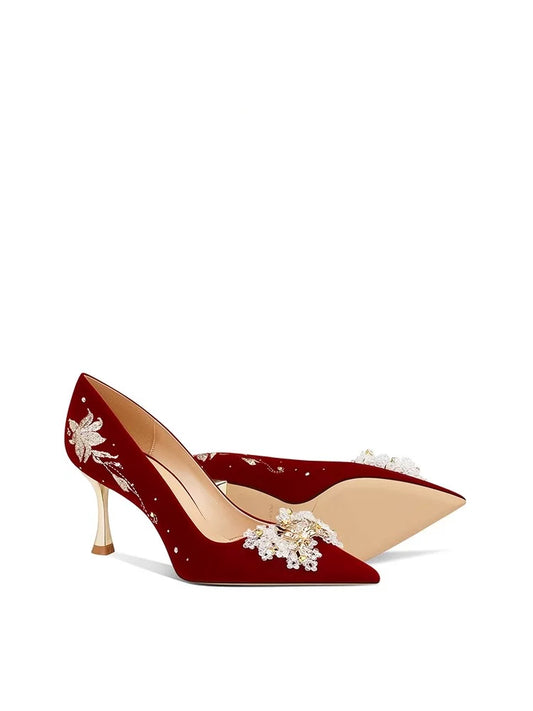 Elegant Red Bridal Wedding Shoes Two‑Way Comfortable Small Stature Heels