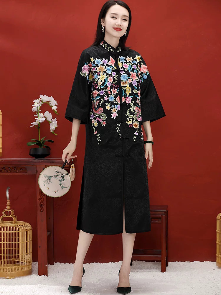 Custom Chinese Style Women's Mid-Length Coat with Hand‑Embroidered Button