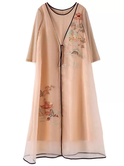 Women's Summer Silk Organza Embroidered Loose Midi Dress