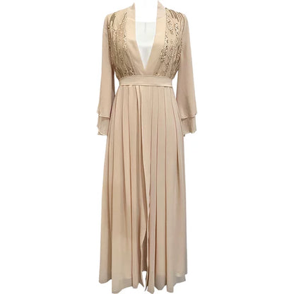 Elegant Autumn Beige Long Shiffon A-Line Dress with Lace Detail