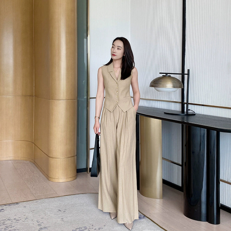 Khaki Summer Slim Vest & Wide-Leg Trousers Set for Women
