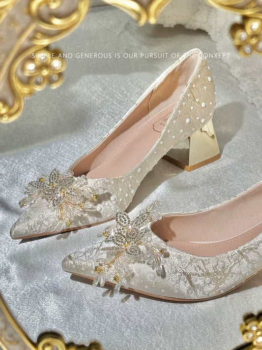 Women's Pointed High Heel Crystal Wedding Shoes, Comfortable Thick Sole