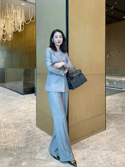 Elegant Light Grey Autumn Women Suit with Wide‑Leg Trousers