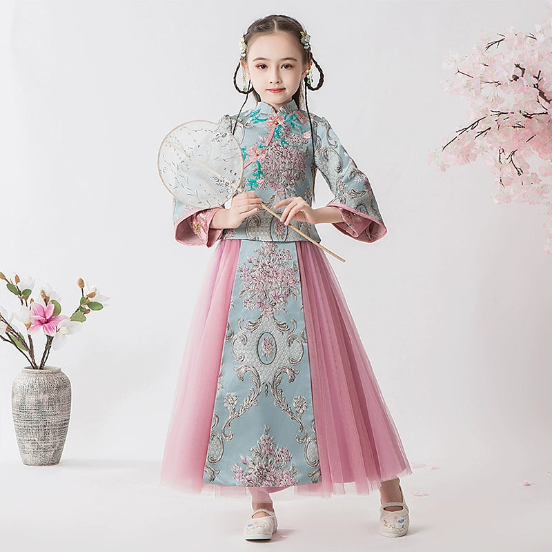 Elegant Children's Long-Sleeve Hanfu Cheongsam Set: Autumn Chinese Style Suit