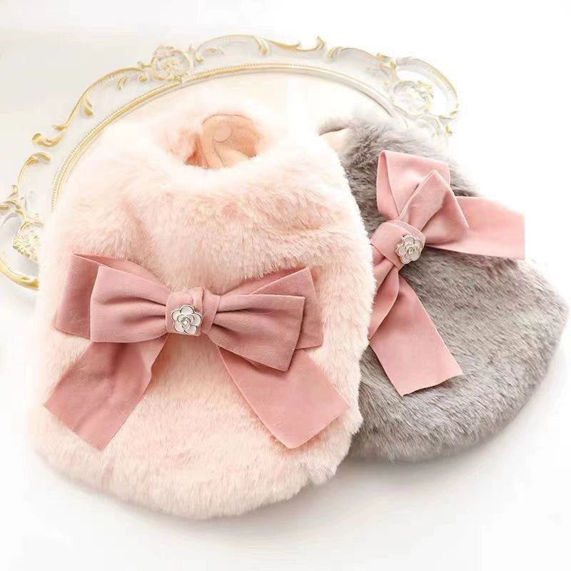 Fur Big Bow Pet Dog Autumn Winter Warm Cotton Vest Teddy Yorkshire Panda Cat Clothes