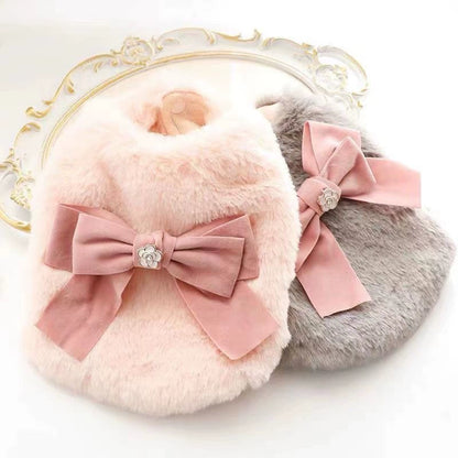 Fur Big Bow Pet Dog Autumn Winter Warm Cotton Vest Teddy Yorkshire Panda Cat Clothes