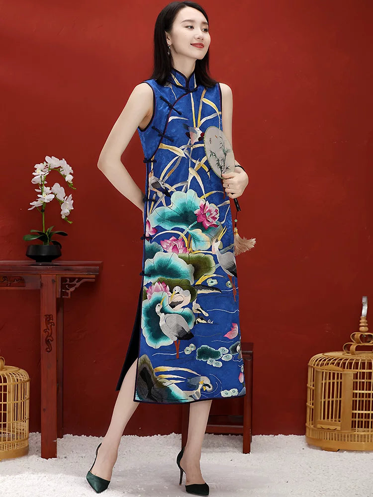 Custom Chinese‑Style Retro Spring Autumn Hand‑Embroidered Plus‑Size Qipao Dress