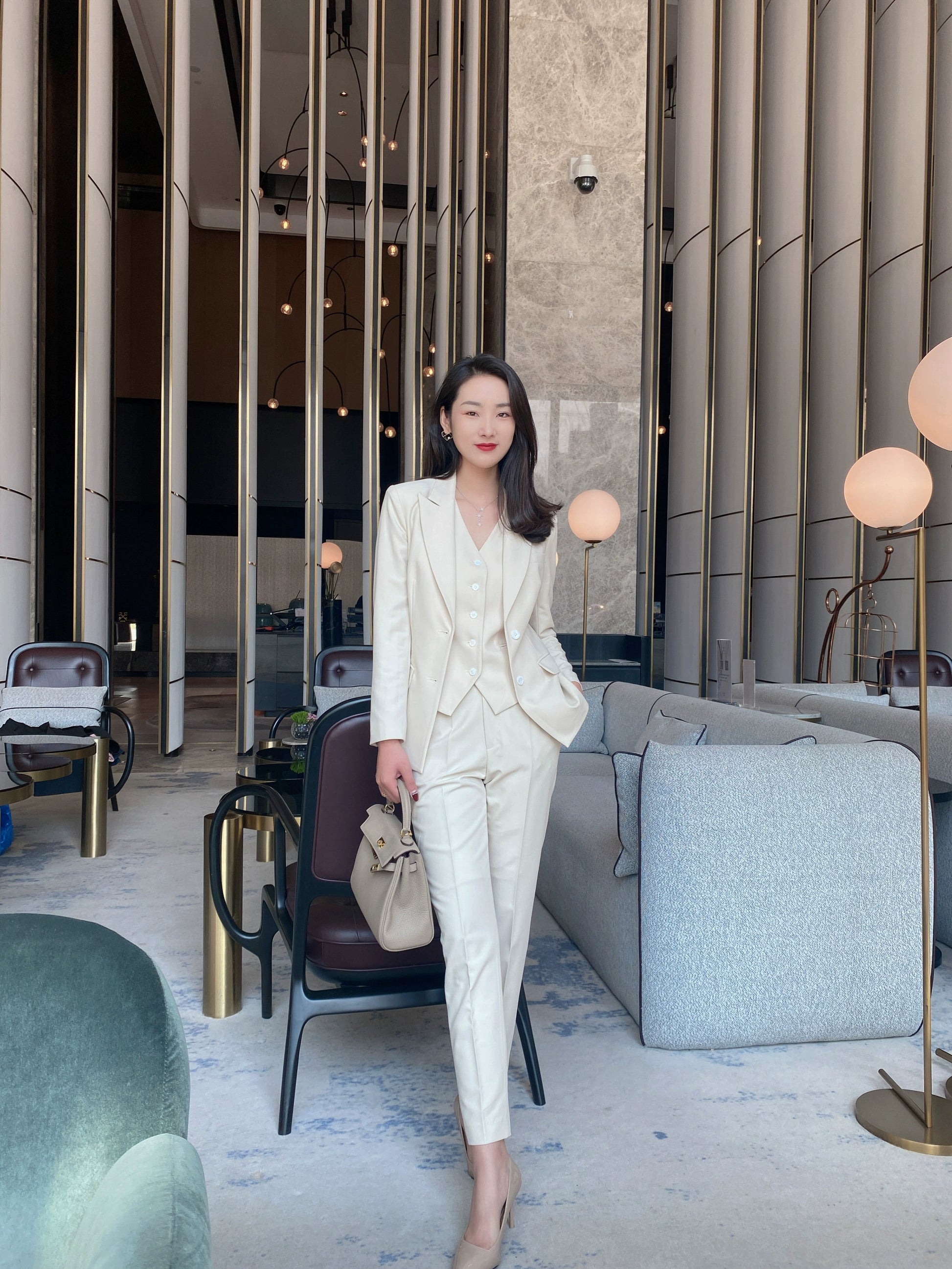 Elegant Oat Autumn Women’s 3‑Piece Suit Vest Trousers Set