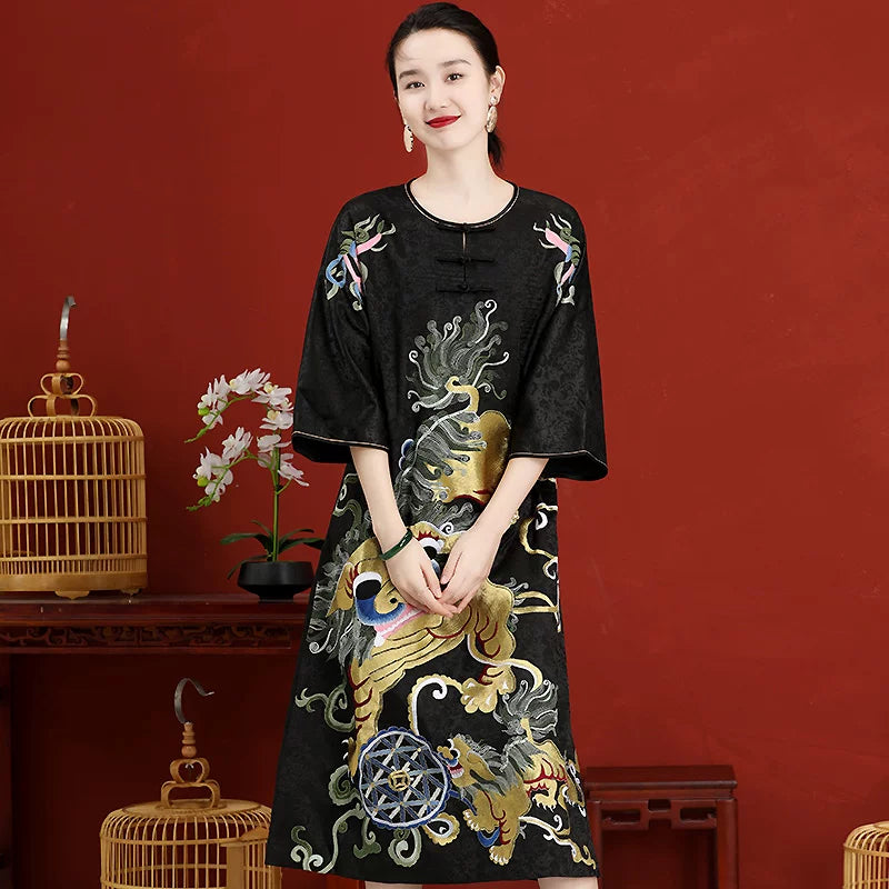 Retro Chinese Style Hand‑Embroidered Maxi Dress Large Size