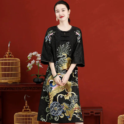 Retro Chinese Style Hand‑Embroidered Maxi Dress Large Size