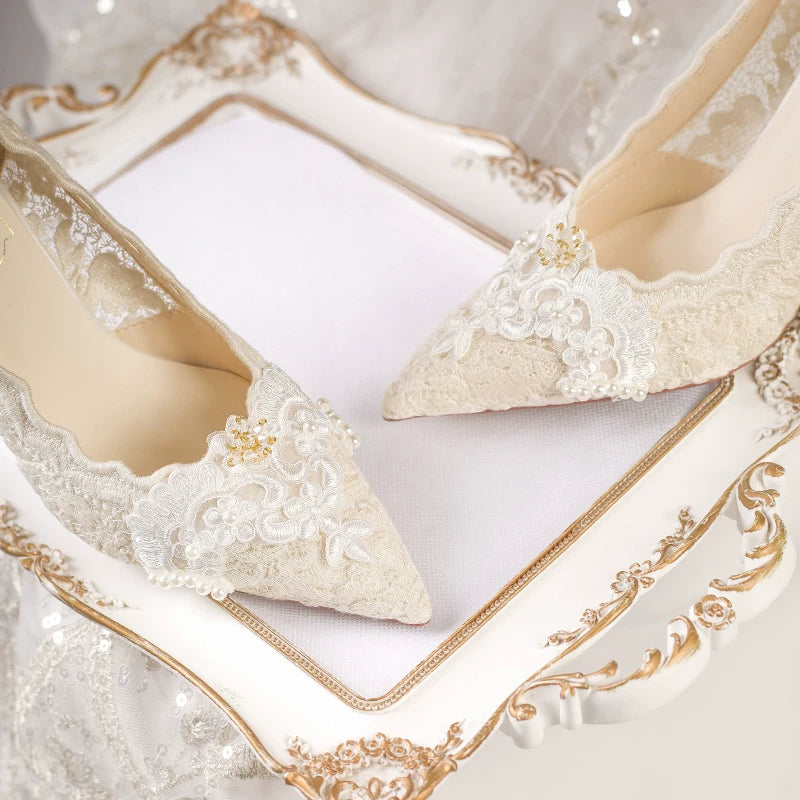 Elegant French Lace Bridal High Heel Shoes White 6cm