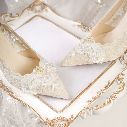 Elegant French Lace Bridal High Heel Shoes White 6cm