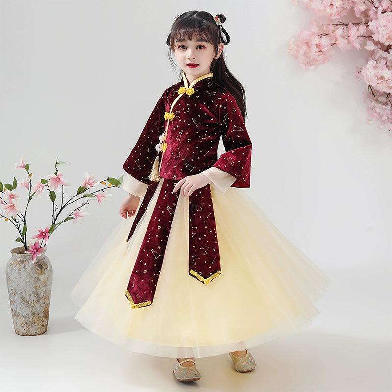Elegant Girls' Chinese Hanfu Dress Autumn Spring Cheongsam Traditional Performance Outfit