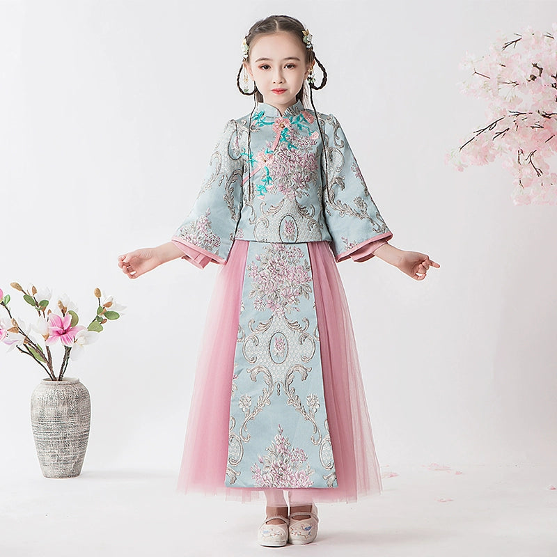 Elite Long Sleeve Children's Hanfu Cheongsam Traditional Wedding Dress Set