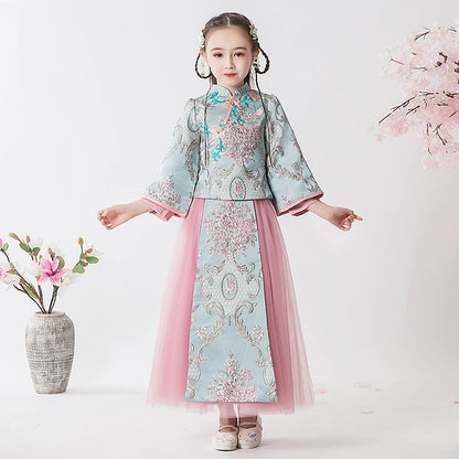 Elite Long Sleeve Children's Hanfu Cheongsam Traditional Wedding Dress Set