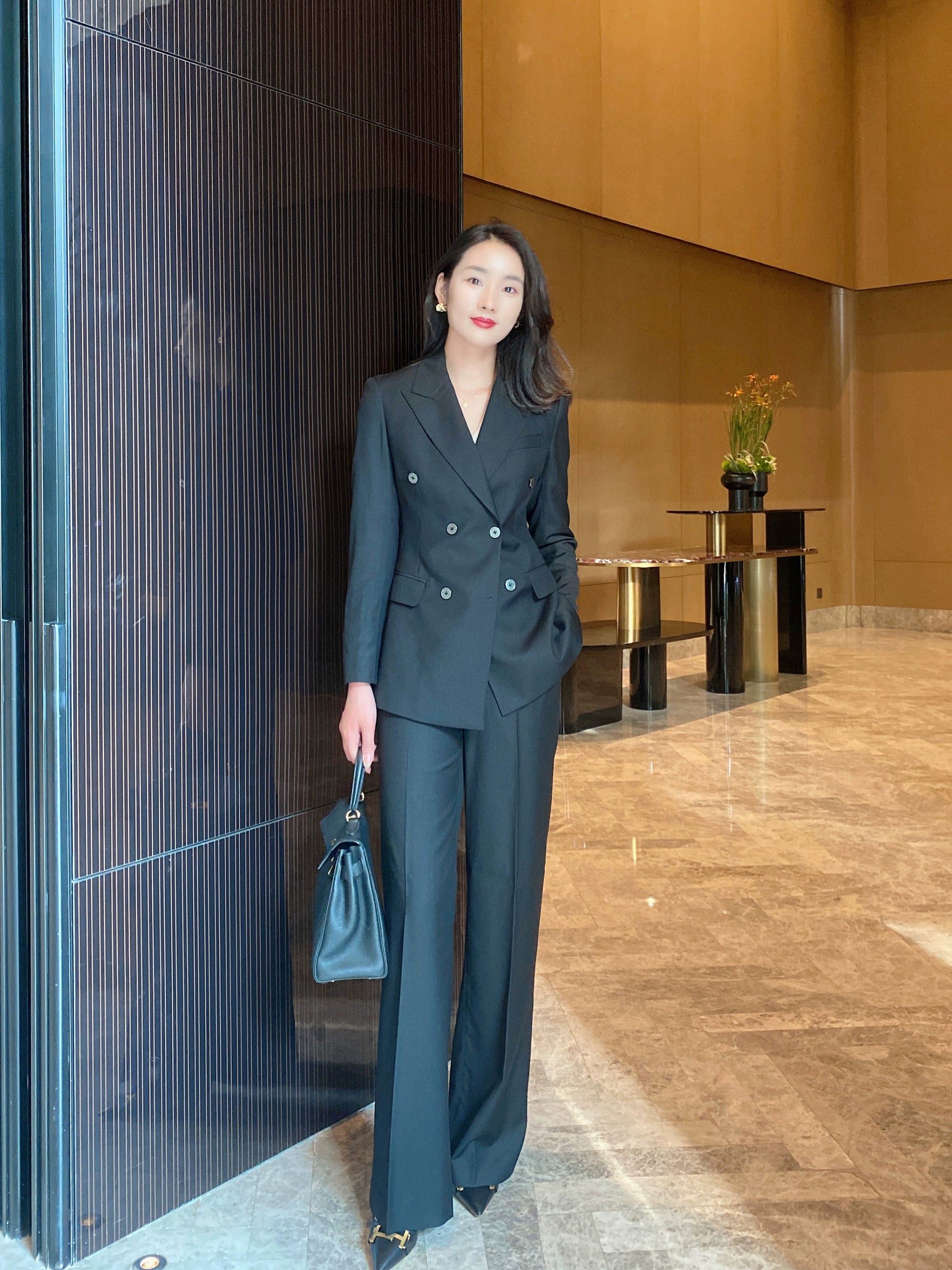 Elegant Black Autumn Suit Set Tailored Jacket and Wide‑Leg Trousers