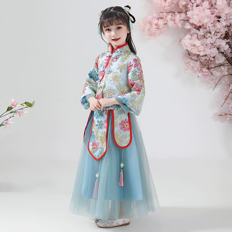 Elegant Chinese Princess Hanfu Dress for Girls - Winter Fleece Long-Sleeve Costume