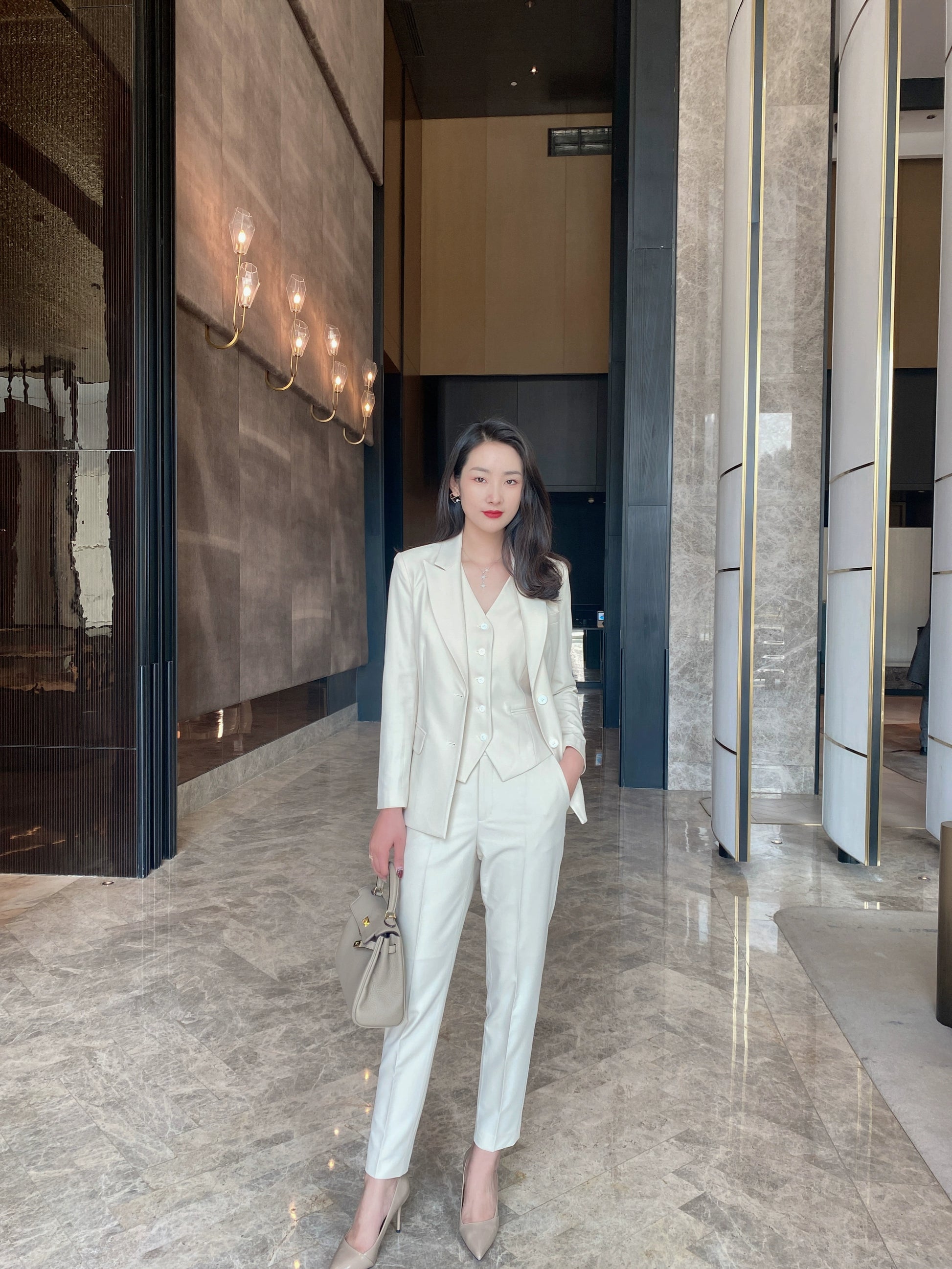 Elegant Oat Autumn Women’s 3‑Piece Suit Vest Trousers Set