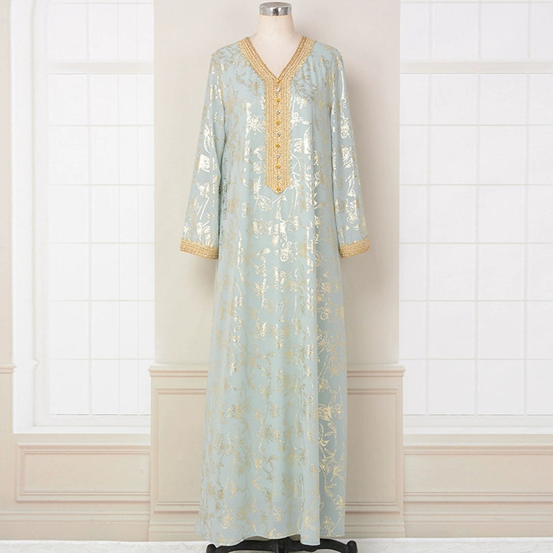 Elegant Light Green Long Sleeve V?Neck European A?Line Skirt