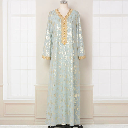 Elegant Light Green Long Sleeve V?Neck European A?Line Skirt