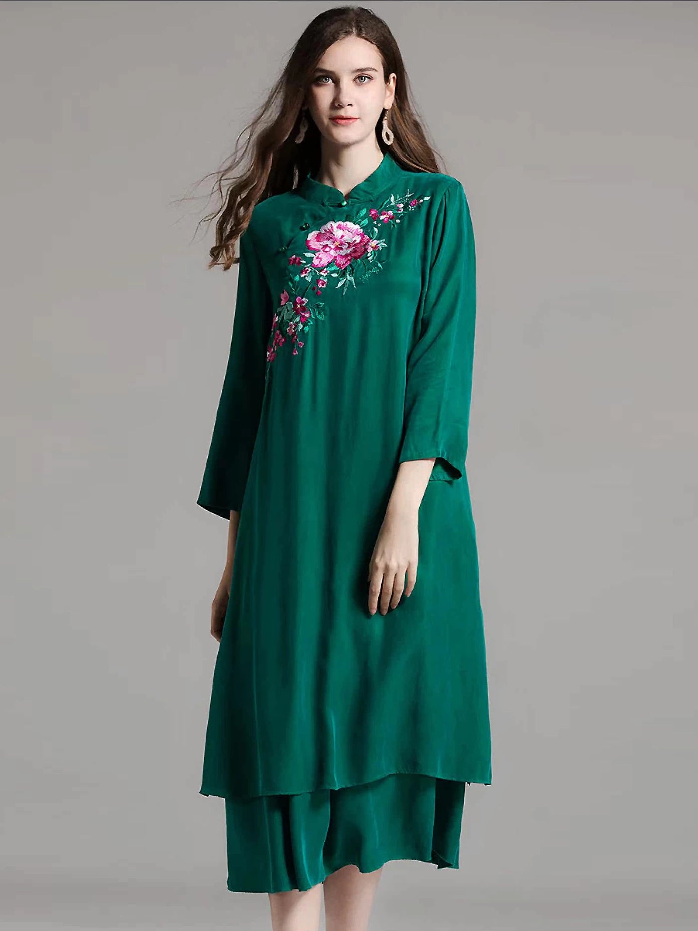 Women's Qipao Dress Silk Blend Dark Green L