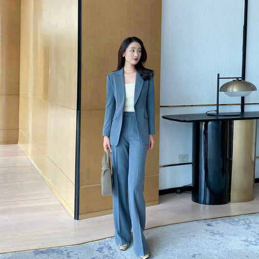 Elegant Grey Demi-Season Women's Suit Jacket Set with Trousers