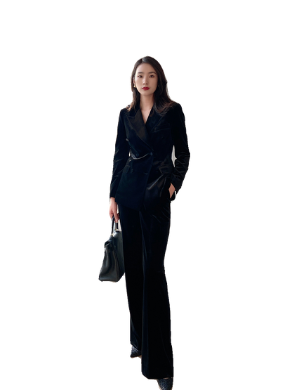 Elegant Black Velvet Demi-Season Suit with Flared Trousers