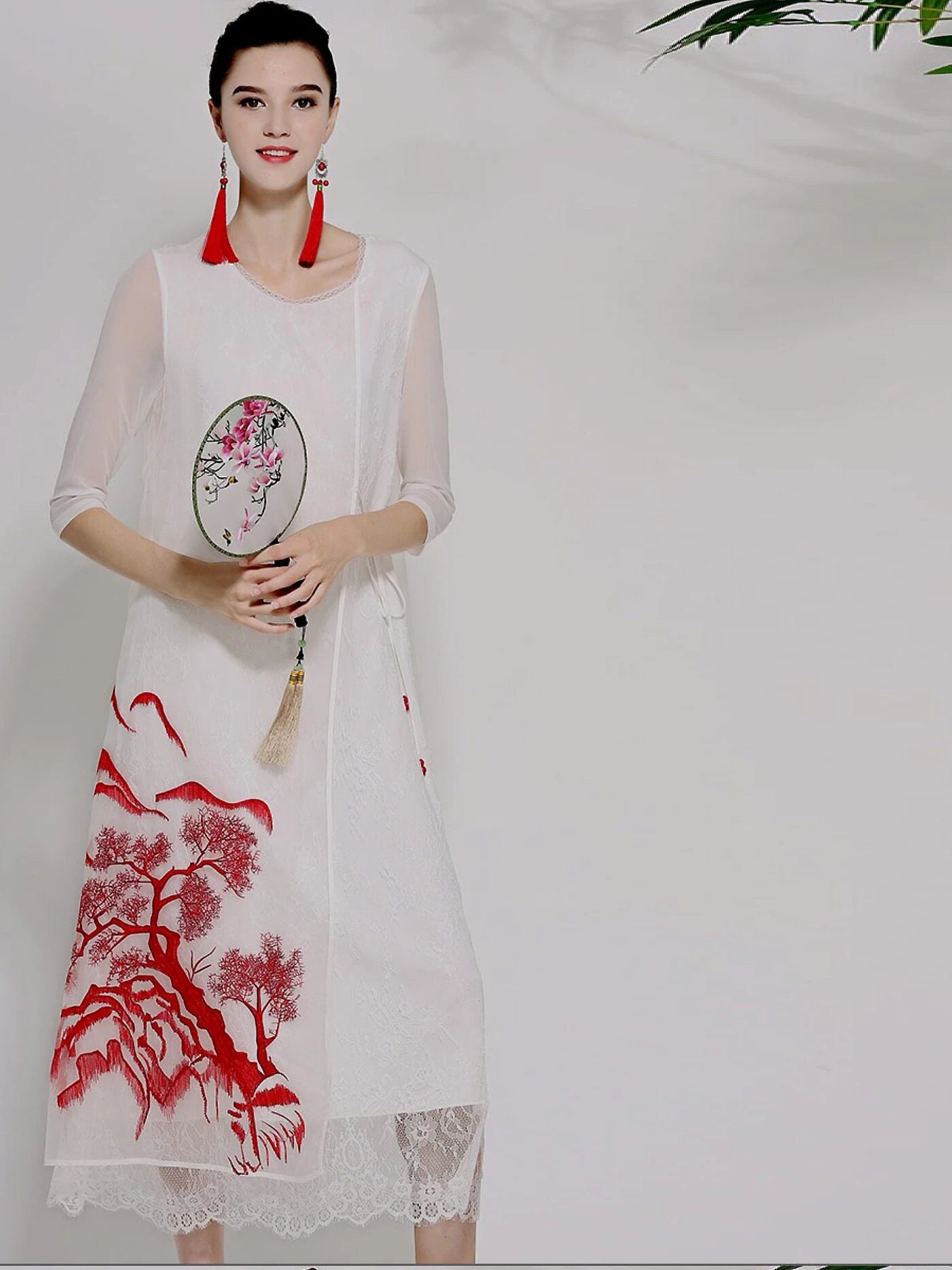 Women's Summer Silk Organza Lace Tie Vintage Embroidered Dress