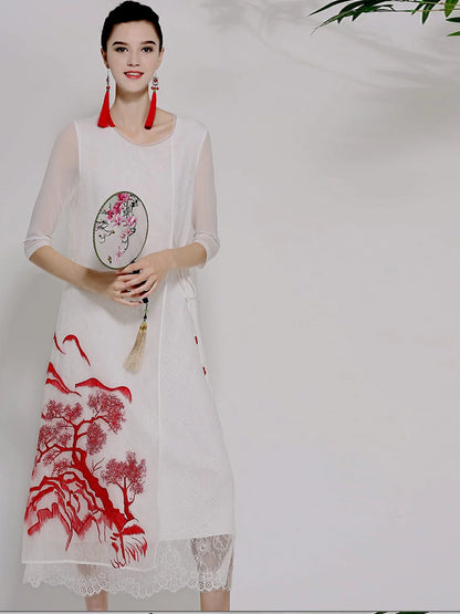 Women's Summer Silk Organza Lace Tie Vintage Embroidered Dress