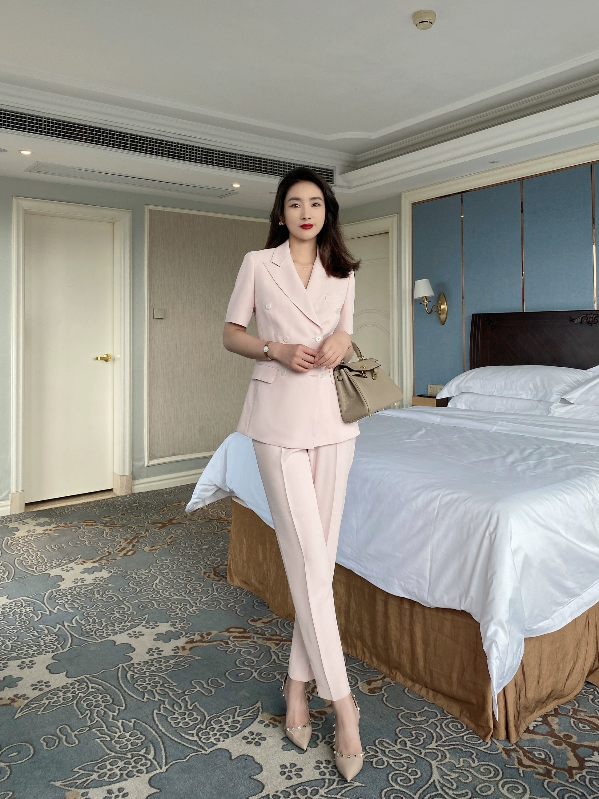 Elegant White Pearl Polyester Summer Suit Jacket with Short Sleeve