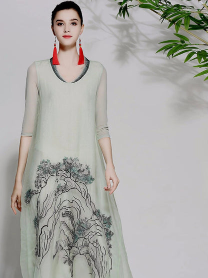 Summer Thin Silk Organza Dress With Landscape Embroidery