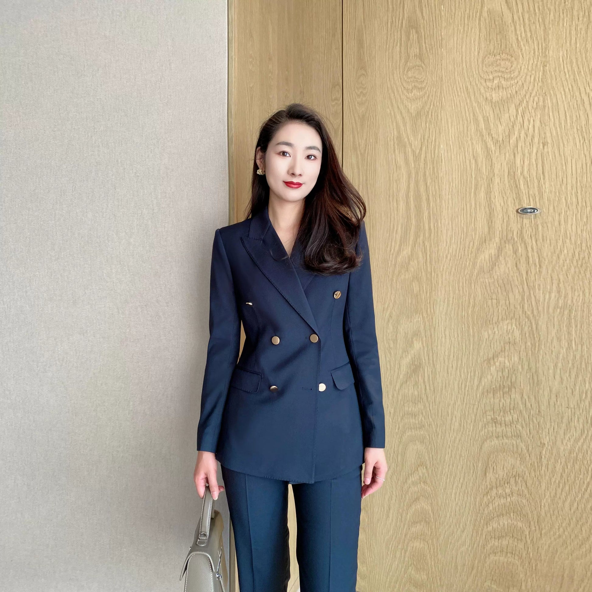 Elegant Navy Blue Slim-Fit Suit with Flared Trousers