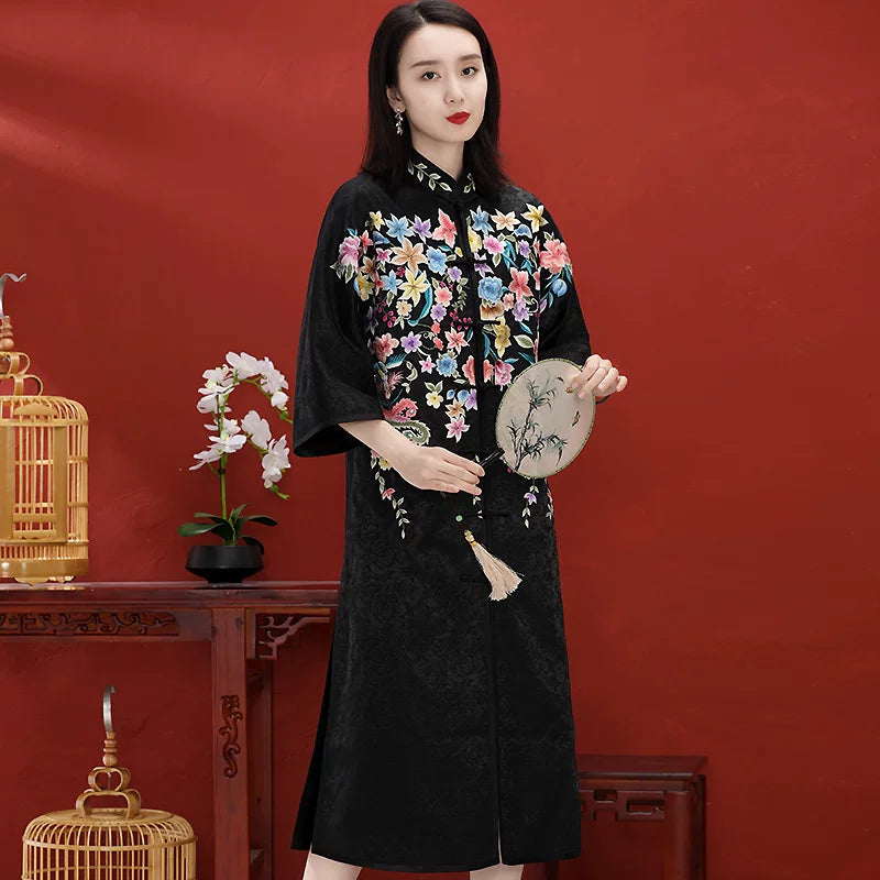 Custom Chinese Style Women's Mid-Length Coat with Hand‑Embroidered Button