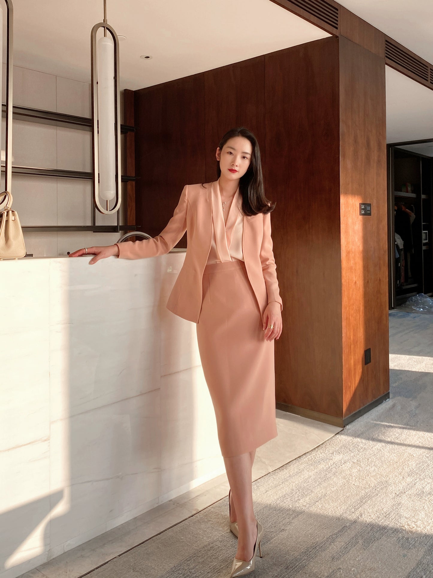 Elegant Spring Autumn Fuchsia Slim-Fit Jacket & Hip-Accented Skirt Set