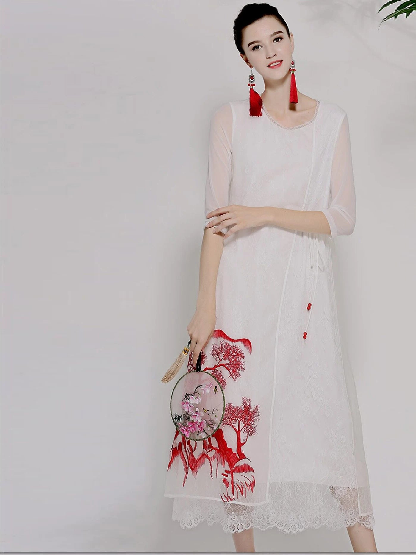 Women's Summer Silk Organza Lace Tie Vintage Embroidered Dress