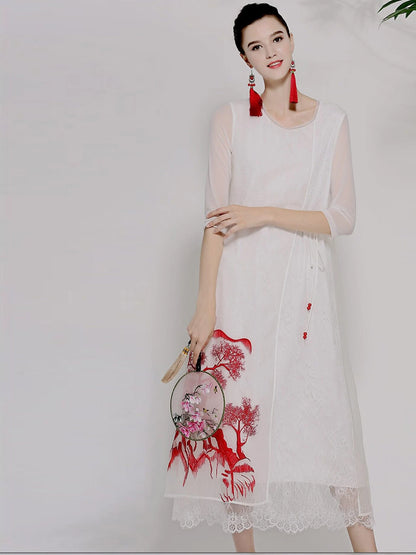 Women's Summer Silk Organza Lace Tie Vintage Embroidered Dress