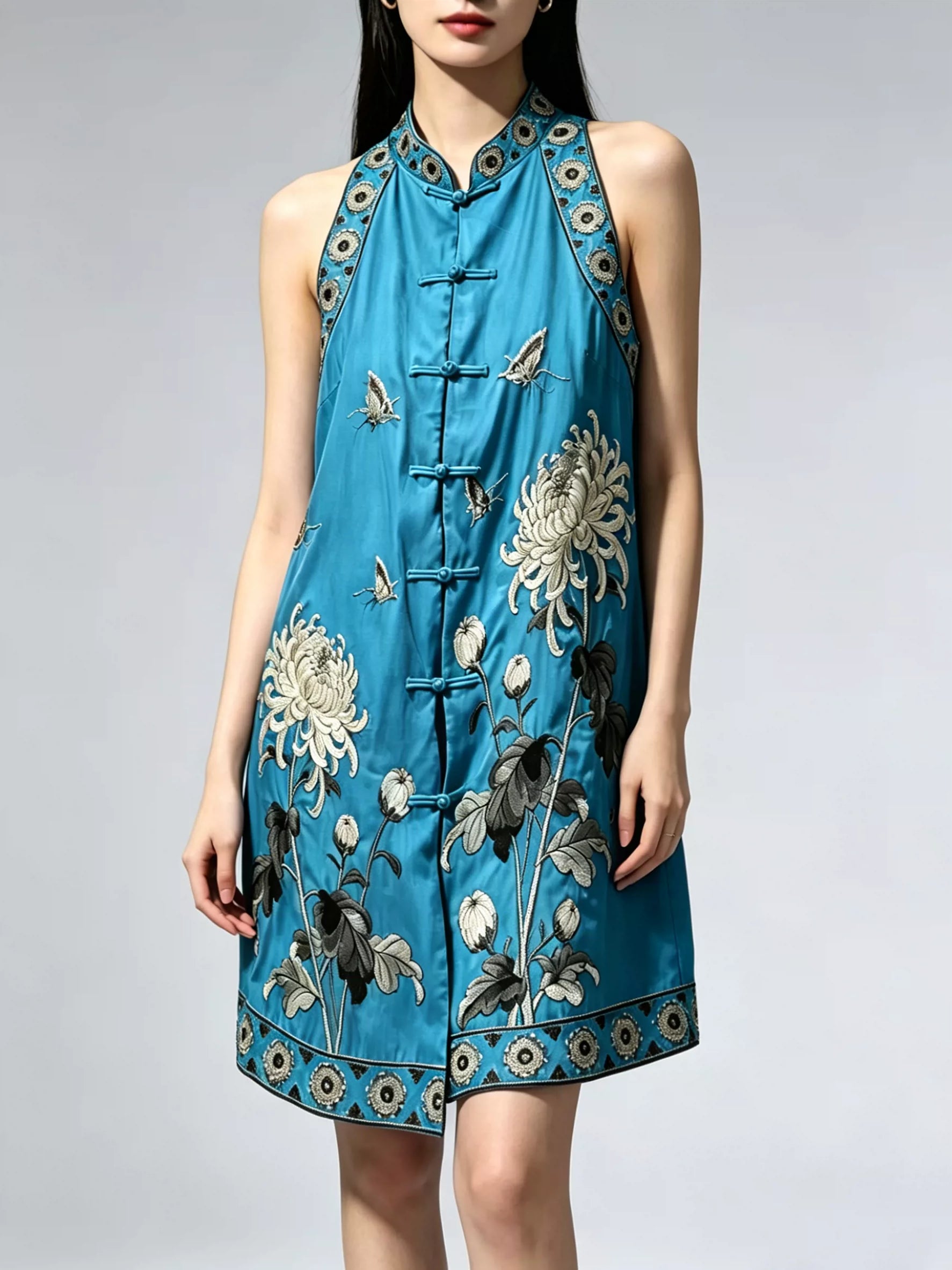 Vintage Chinese Style Tencel Embroidered Mid-Length Plus Size Sleeveless Vest
