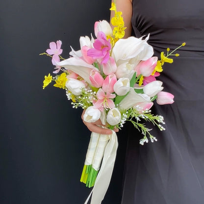 Two bunches of two-in-one simulated flowers, pink tulip calla lily, hand-held flowers, wedding certificate and graduation photo