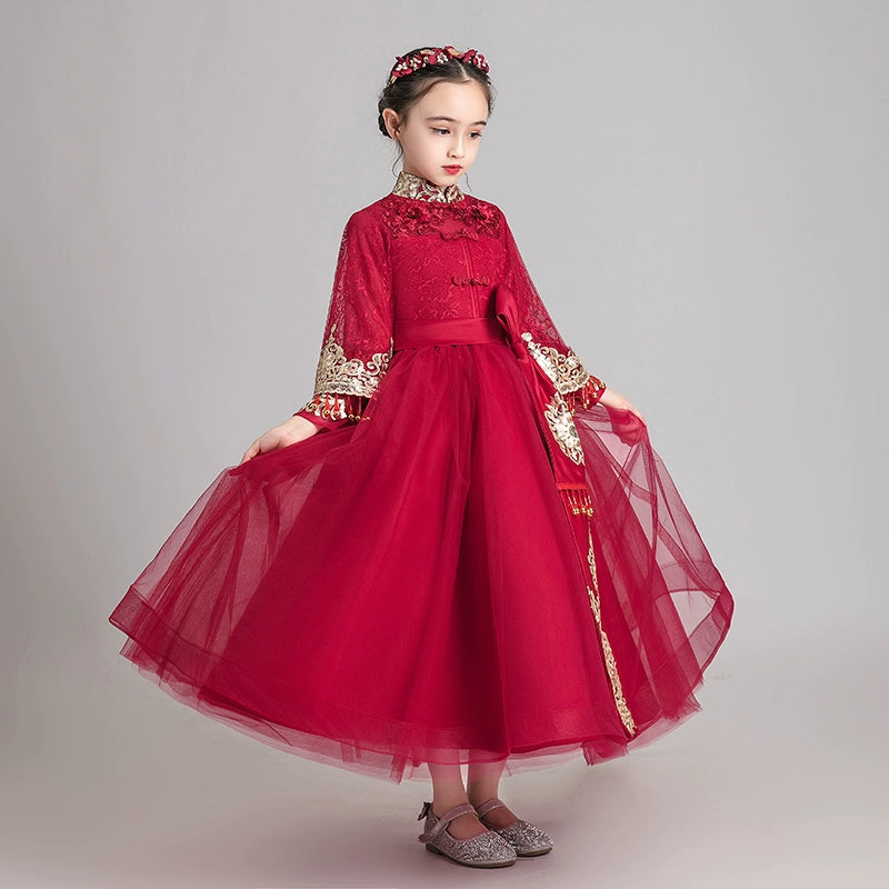 Elegant Burgundy Children's Hanfu: Traditional Chinese Style Long-Sleeve Elite Garment