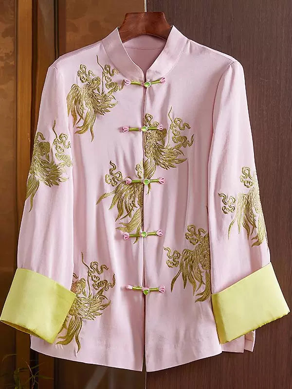Women's Loose Pink Embroidered Cardigan With Phoenix Design