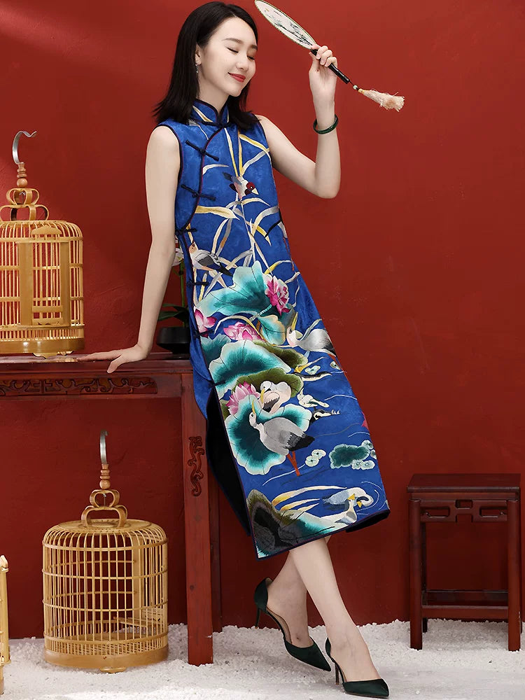 Custom Chinese‑Style Retro Spring Autumn Hand‑Embroidered Plus‑Size Qipao Dress