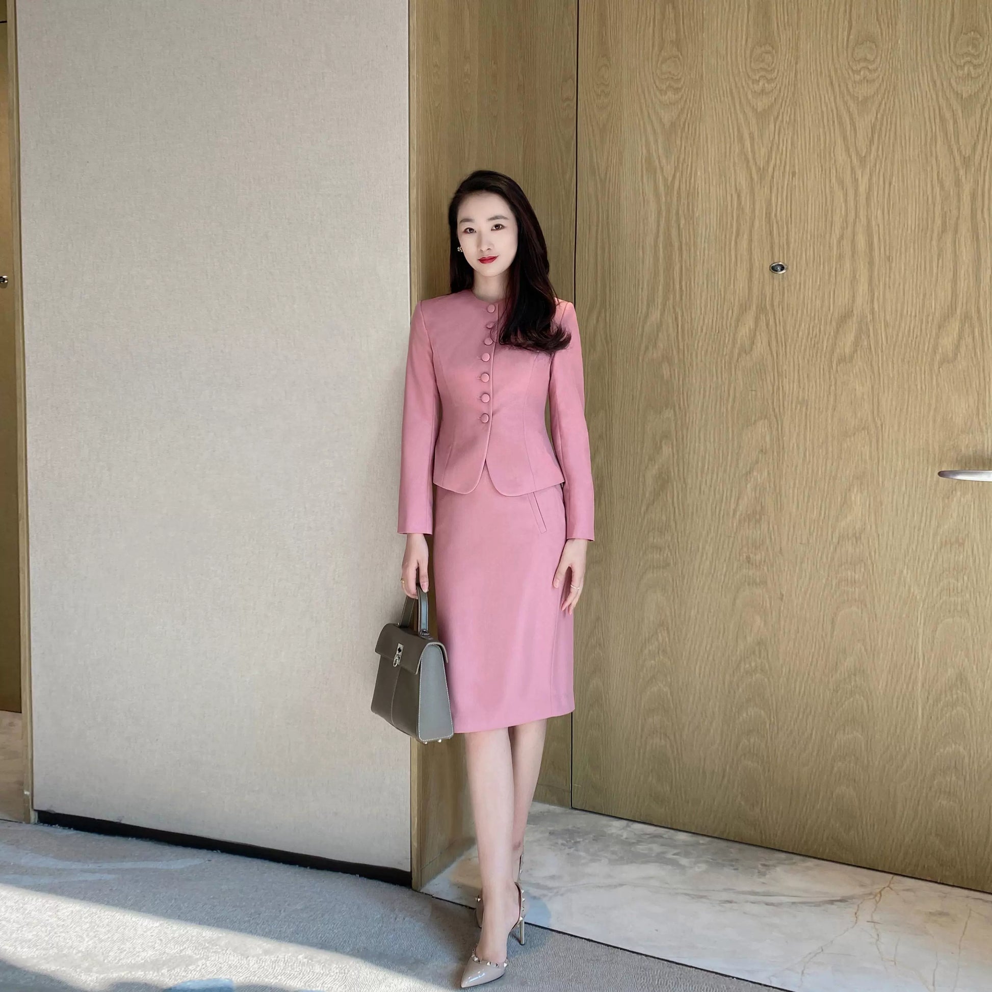 Elegant Rose Pink Suit Skirt Set: Chic Blazer & Slimming Hip Skirt