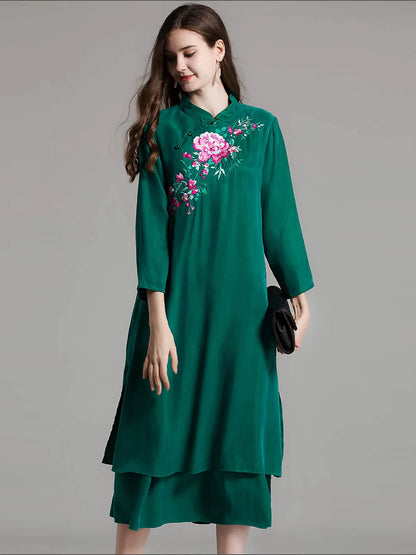 Women's Qipao Dress Silk Blend Dark Green L